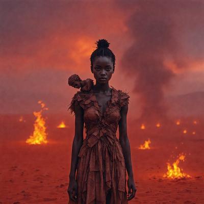 The primary subject of the image is a woman standing in a desert-like environment. She is wearing a brown dress and has a ponytail. The setting is a red-hued landscape, possibly with a volcanic or fire-related backdrop. The visual style appears to be a combination of photo and digital art, creating a unique and striking image. The colors and mood of the scene are dominated by the red hues, which evoke a sense of warmth and intensity.